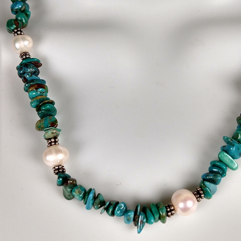 Turquoise, sterling & pearl necklace